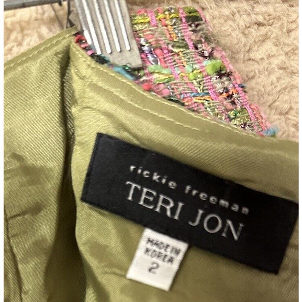 Rickie Freeman Teri Jon Tweed Pencil Skirt Bow Fringe Pink Green‎ Sz 2 - Picture 6 of 13